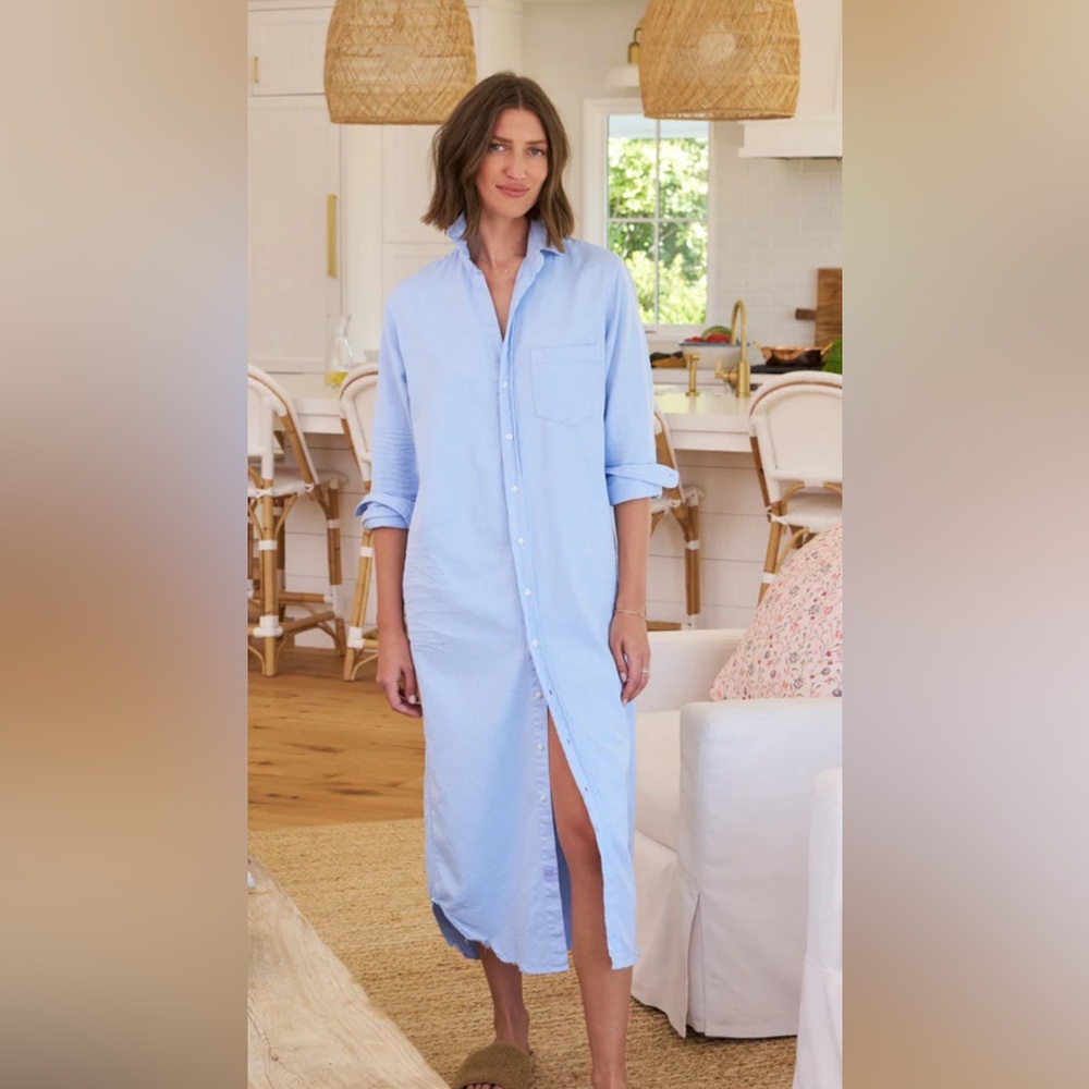 Frank & Eileen Glacier Blue Cotton Tattered Wash Maxi Shirtdress - Large